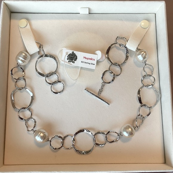 Majorica Baroque Hammered Oval Pearl Necklace - 925 Sterling Silver - Picture 1 of 4